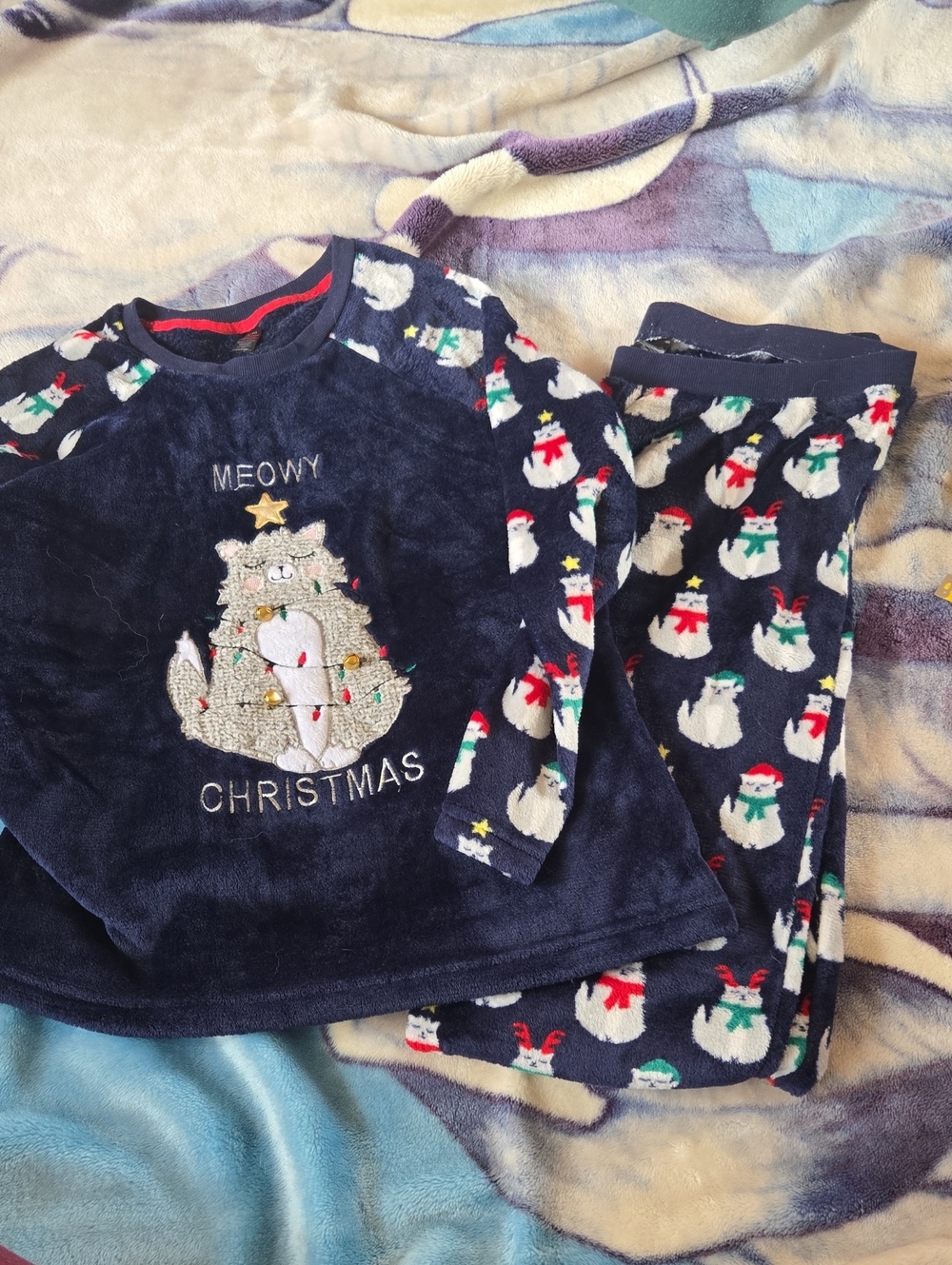 Navy "Meowy Christmas" Womans Pajama Set